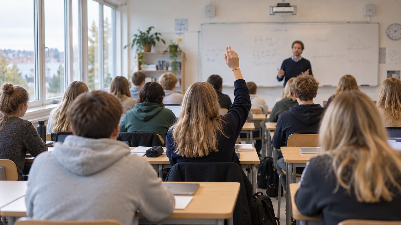 Ett klassrum sett bakifrån med elever vid bänkarna. En elev med långt ljust hår räcker upp handen, och längst fram står en lärare vid whiteboardtavlan.